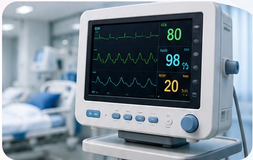 AI generated hospital patient monitor with ECG and vital signs